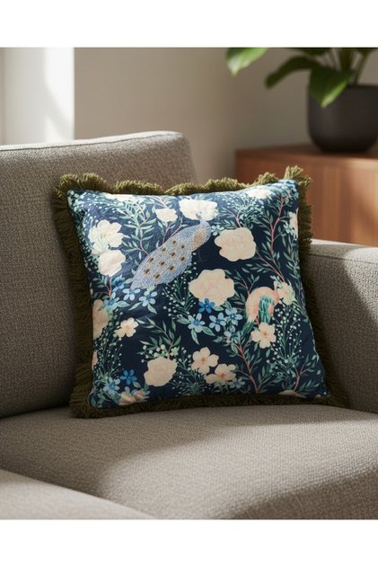 Navy Peacock Embroidered Cushion