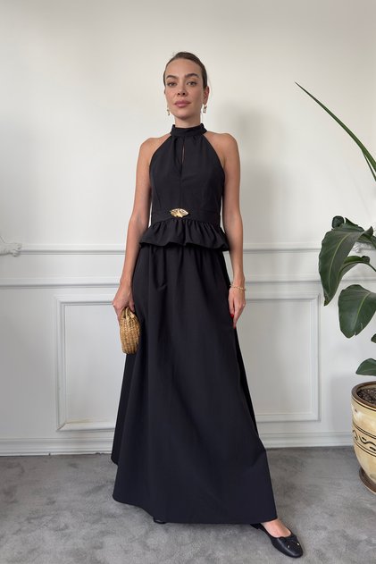 Premium Skirt Suit with Gold Brooch - Black