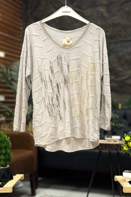 Batik striped pattern v-neck long sleeve imported blouse