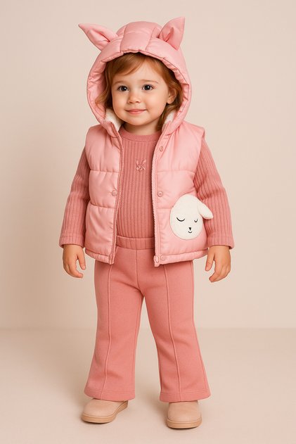Pink 3-Piece Set Defying Winter: Fleece Inside, Hooded Puffer Vest + Thick Single Bottom Layer + Sweatshirt