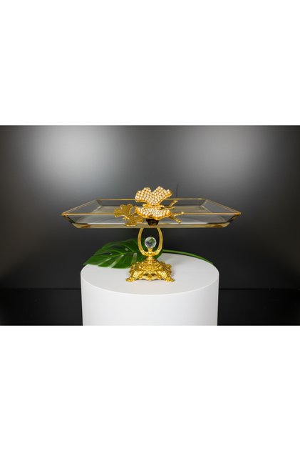 Paşabahçe Crystal Metal Footed Gilt Square Cake Presentation Plate Cookie Plate