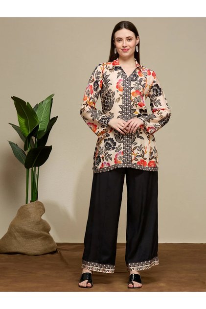 Ethnic Floral Printed Muslin Silk Kurta Pant Co-ord Set | Indian Dress Ladies Kurti Set for Women