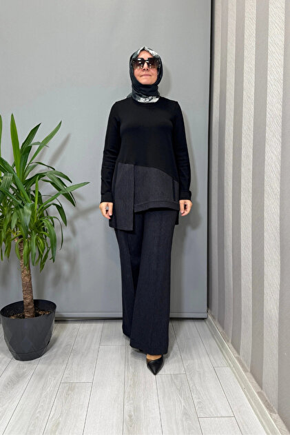 MISS DALIDA Triko Denim Detaylı Tunik ve Boru Paça Pantolon Takım