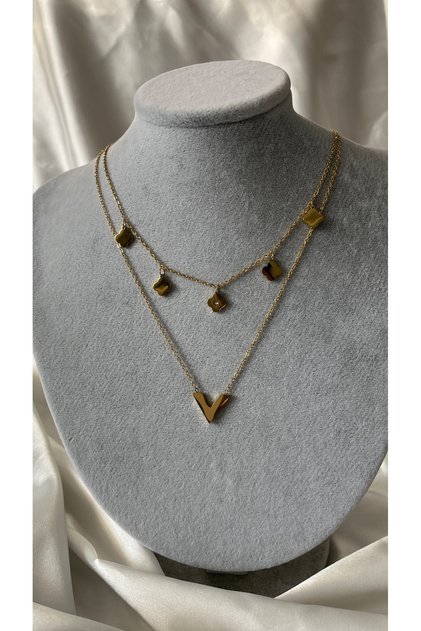 316L Steel Gold Color Elegant Stylish Clover Model Double Non-Tarnish Women's Necklace