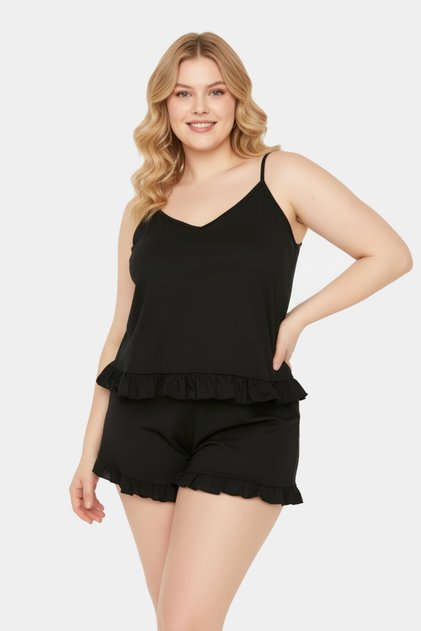 Plus Size Pajama Set with Ruffle Detail on Straps