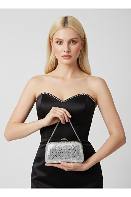 Silver Color Stone Chain Detailed Chain Handle Women's Evening Dress Bag Wedding Engagement Graduation