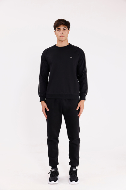 Double Stripe Raglan Sleeve Minimal Logo Crew Neck Sweatshirt
