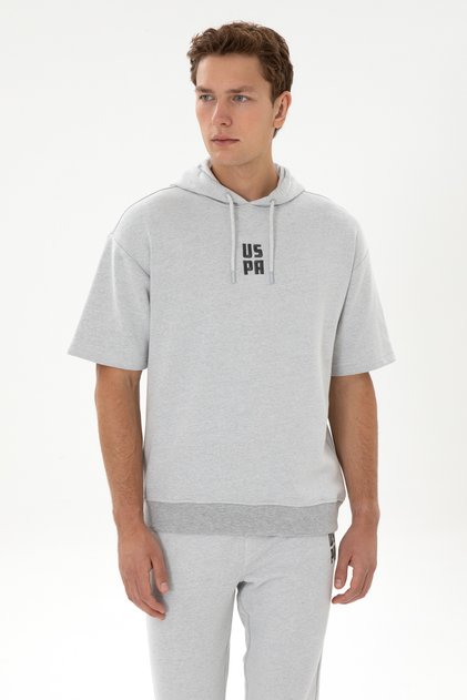 Men's Comfort Fit Hooded Short Sleeve Gray Melange Sweatshirt 50320030-Vr086