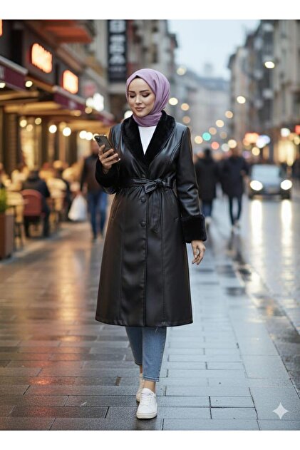 Hb Harma Time Butik Kadın Yakası Tüylü Kuşaklı Astarlı Siyah Deri