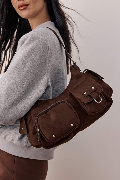 Trendyolmilla Shoes Kahverengi Süet Cep Detaylı Kadın Omuz Çantası