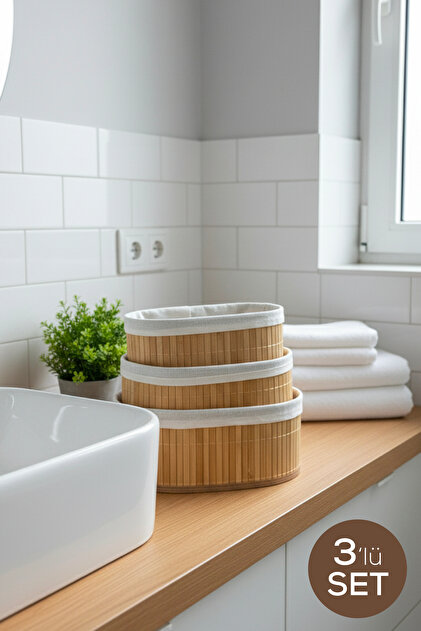 Vienev 3'lü Set Oval Bambu Organizer Sepet | Banyo Mutfak Dolap