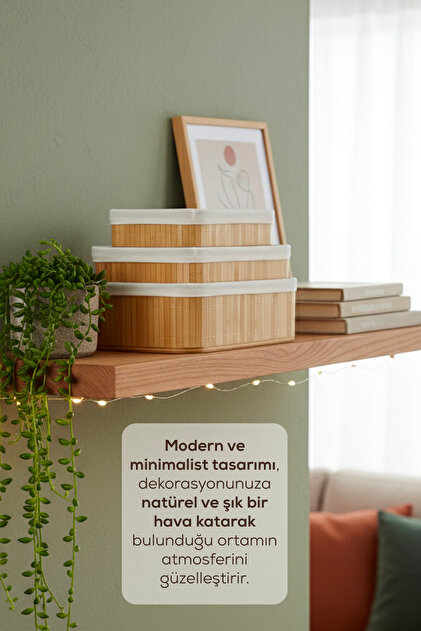 Vienev 3'lü Set Dikdörtgen Bambu Organizer Sepet | Banyo Mutfak
