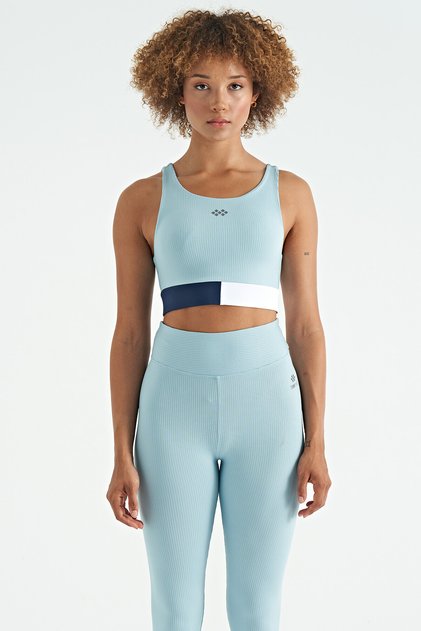 Light Blue Color Blocked Logo Printed Slim Fit Ribbed Women's Bustier - 97275