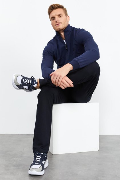 Indigo - Navy Blue High Collar Zippered Standard Fit Classic Leg Men's Tracksuit Set - 8515
