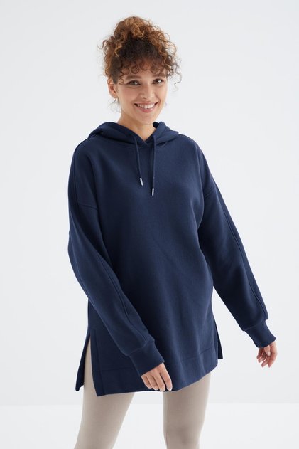 Indigo Raglan Sleeve Basic Hooded Sweatshirt Oversize Tunic - 97242