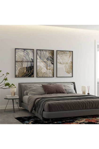 Altın Ağaçlar Desenli Üçlü Metal Çerçeveli Tablo Seti