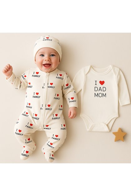Baby Girl Newborn I Love Family Printed with Hat Badili Jumpsuit 3-Piece Newborn Set