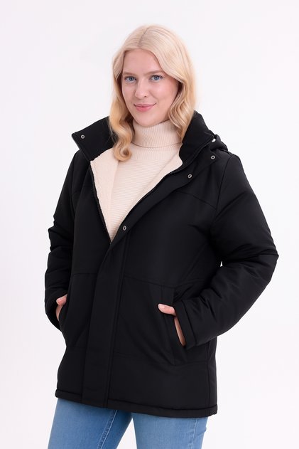 Women's Black Fur Lined Removable Hood Water and Windproof K Hooded Winter Coat & Jacket & Parka