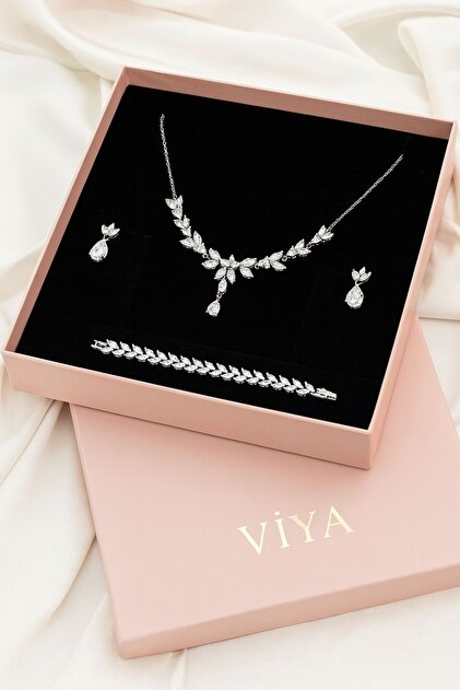 VİYA Lily Zirkon Taşlı Takı Seti Kolye Küpe Bileklik Düğün Takı