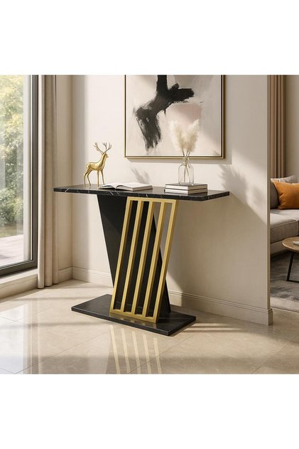 Gravity Siyah Mermer Desenli Gold Metal Dresuar - Modern Antre/Hol Konsolu