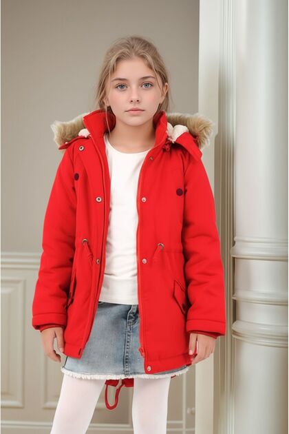 Girl's Water Repellent Fur Hooded Winter Coat