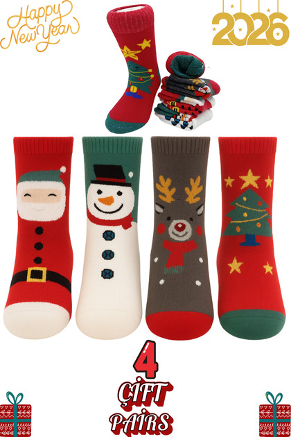 Christmas Themed Thick Children's Socks 4 Pairs Towel Winter Warm