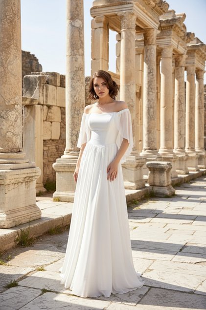 Bohem Pelerin Kol Nikah Elbisesi, Şifon Kloş Victorian Etek, Kayık Yaka, Delina