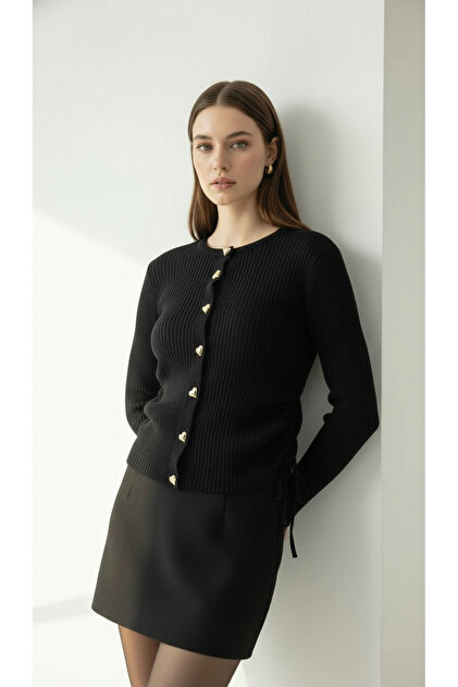 New Season Women's Side B Ruched Detail Heart Buttoned Knitwear Cardigan 0048