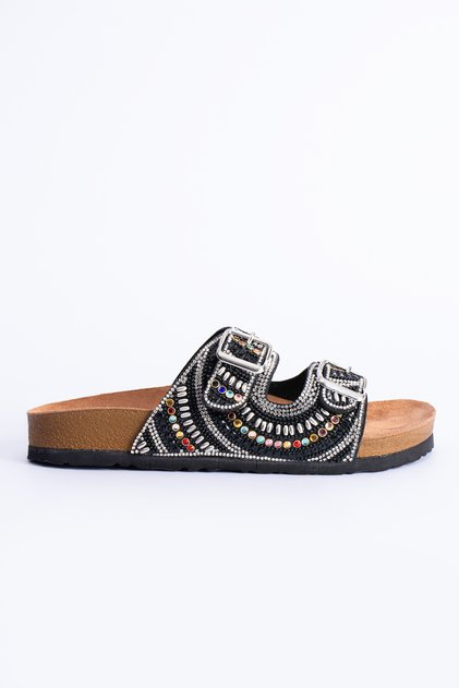 Sahra Women's Anatomical Eva Sole Comfort Stone Diamond Embroidered Double Banded Buckle Daily Sandal Slippers
