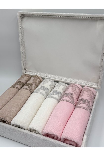 Boxed Laced Satin Embroidery Patterned Luxury Dowry 50x90 6-Piece Hand Face Towel Set