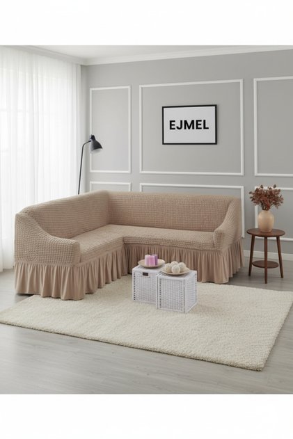L Shaped Sofa Cover with Pleated Fabric, Skirt. 1 Pcs Stretchy L Seat Cover with Sponge