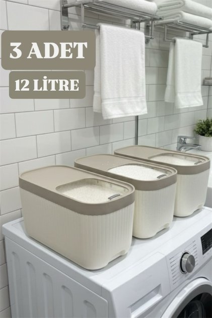 3 Adet Apex Krem 12 Litre Kayar Kapaklı Deterjan Kabı-Ölçekli Tekerlekli Erzak Bakliyat Saklama Kutu