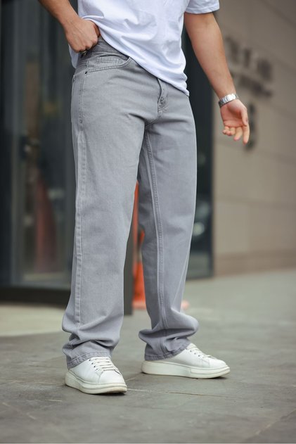 Erkek Bol Paça Basic Yüksek Bel Gri Baggy Pantolon