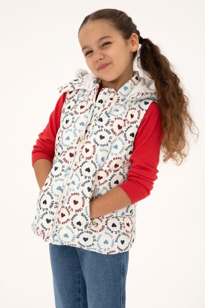 Girl's Cream Heart Patterned Hooded Puffer Vest 50313176-Vr256