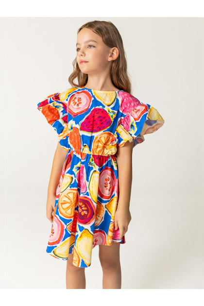 Patterned Cotton Elastic Waist Girl's Dress