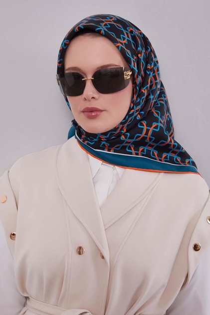 Turquoise Elliptical Pattern Twill Silk Scarf