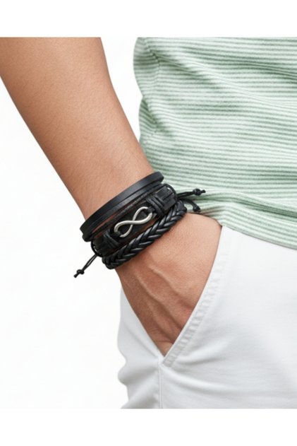 3 Piece Genuine Leather Bracelet with Infinity Figure