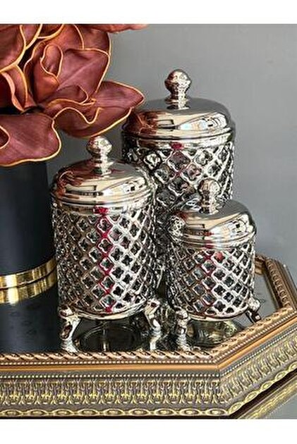 ROY KING King Porselen Avangarde 3 Lü Kavanoz Seti Gold Gümüş