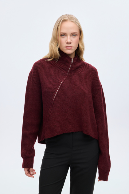 トップス kazu Quzu Asymmetrical Zippered Knitwear Sweater Plum- Trendyol