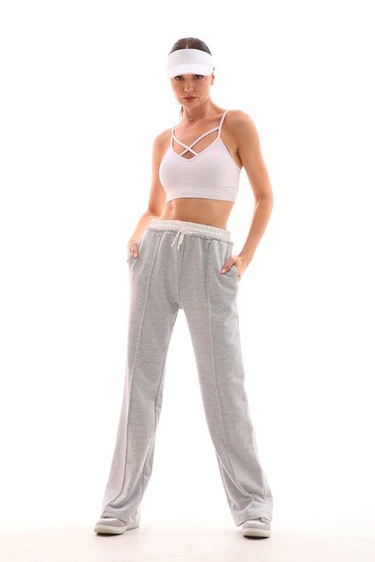 Gray Wide Leg High Waist Women's Sweatpants with Contrast Belt and Pockets