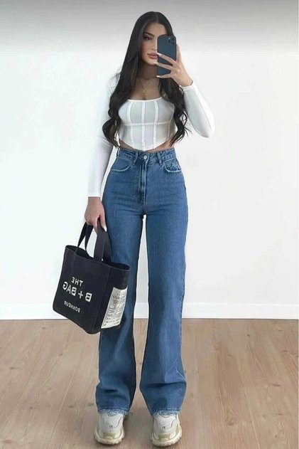 Lika 90's Medium Blue Super High Waist Wide Leg Jeans Palazzo Pants
