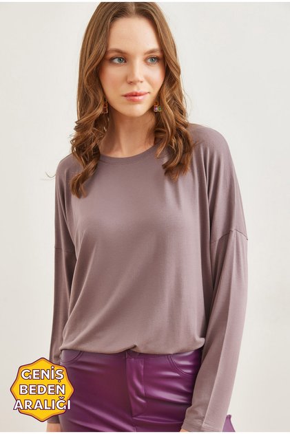 Women's Dark Mink Crew Neck Bat Flowy Viscose Blouse Blz- 19002588