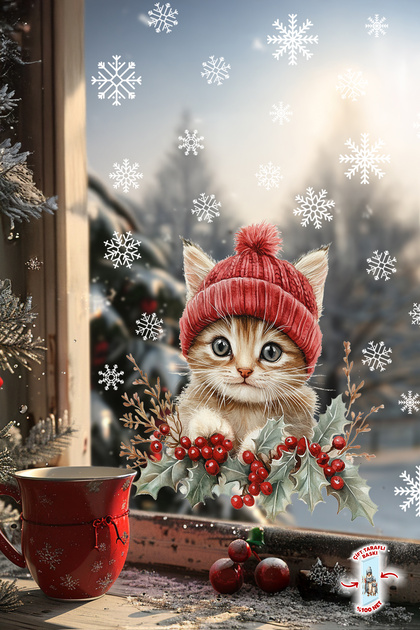 Cute Cat & Snowflakes Glass Ornament – Double-Sided Printing 100% Clear View – Cat Waiting for New Year