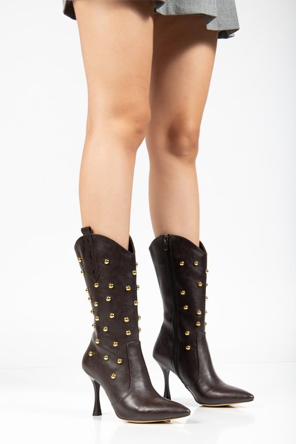 Women's Bitter Brown Faux Leather Studded Detailed Thin Heeled Western Cowboy Boots