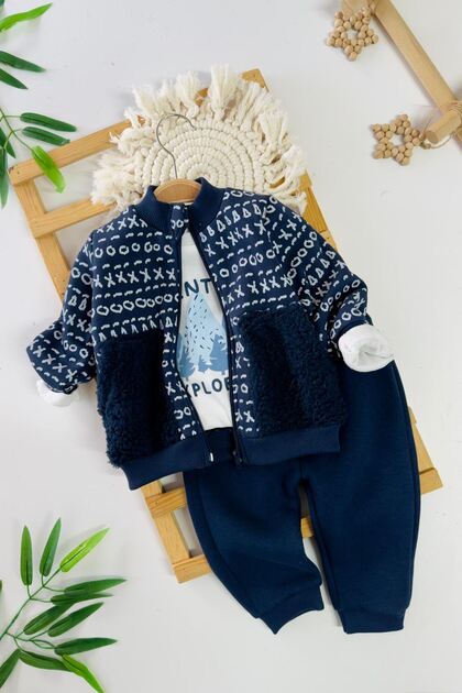 My Little One's Cicileri Patterned Boys' 3-Piece Winter Set with Fleece Pocket Detail - Navy Blue