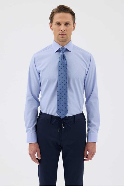 Non-Iron Blue Plaid 100% Cotton Comfort Fit Shirt