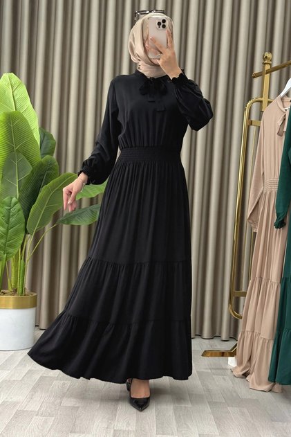 Sevde Dress Viscose Fabric Women's Black Hijab Dress with Elastic Waist and Collar Tie Detail