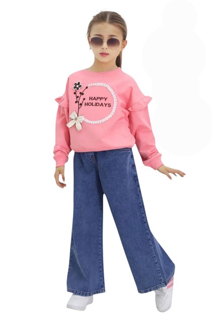 Girls' Set Top and Bottom Set Transitional Soft Denim Waist Elasticated Trousers Suitable for Everyday Wear
