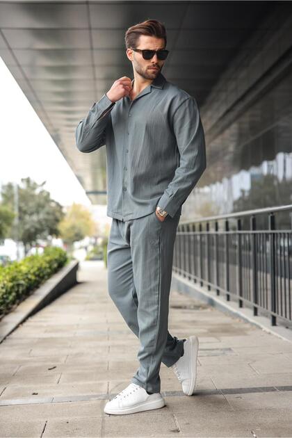 Smoked Buttoned Basic Men's Shirt Pants Set E7335