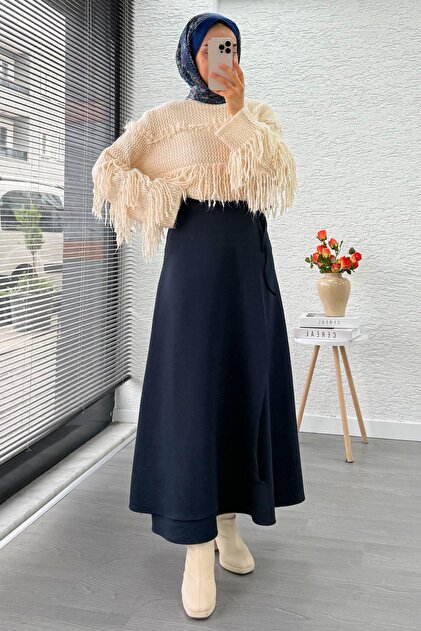 Cape Detailed Side-Tie Flared Scuba Skirt – Navy Blue